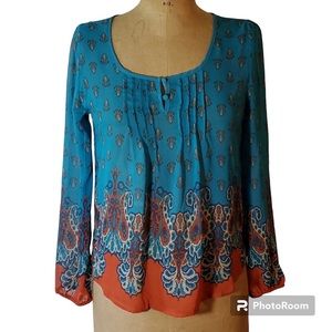 Blue Pepper Blue/Brick Blouse Aqua Paisley Top Brick red Orange